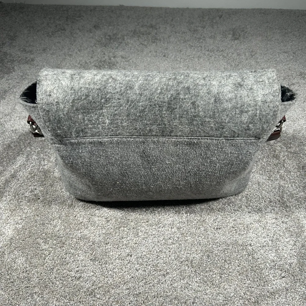 Rare Vintage Ducti Grey Wool Felt Messenger Bag Brown Leather Trim Striped Strap